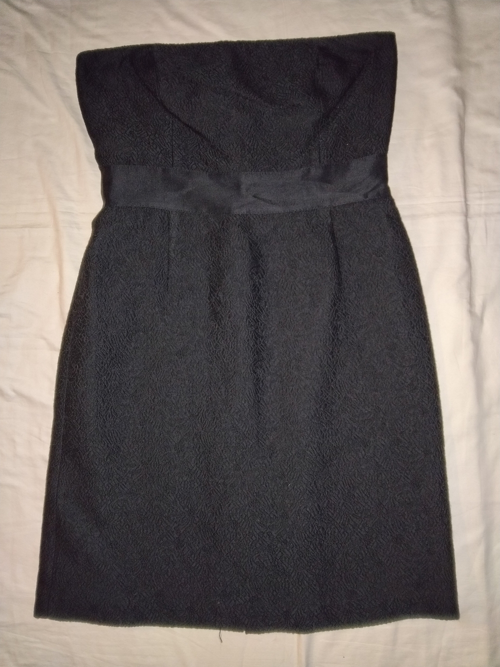 Ann Taylor Strapless Black Textured Sheath Dress with Satin Waistband